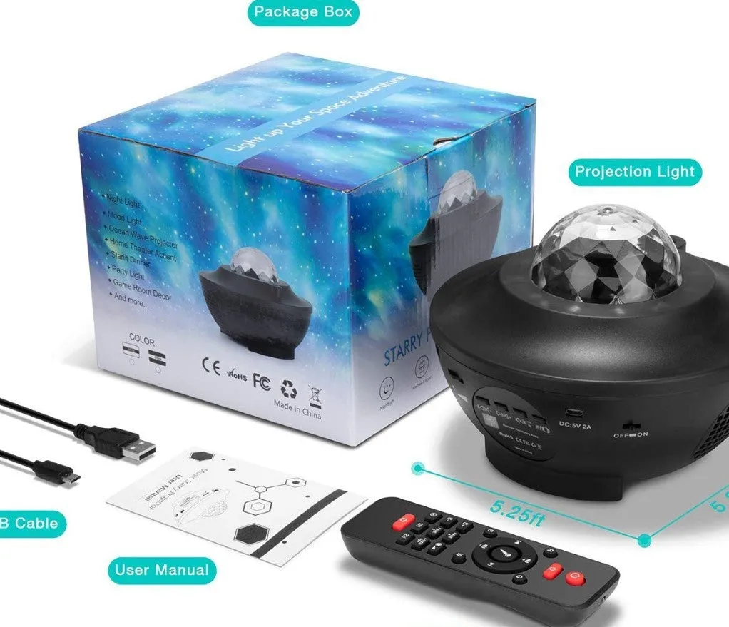 LED Bluetooth music projector light with starry sky effect, green laser, remote control, and USB cable