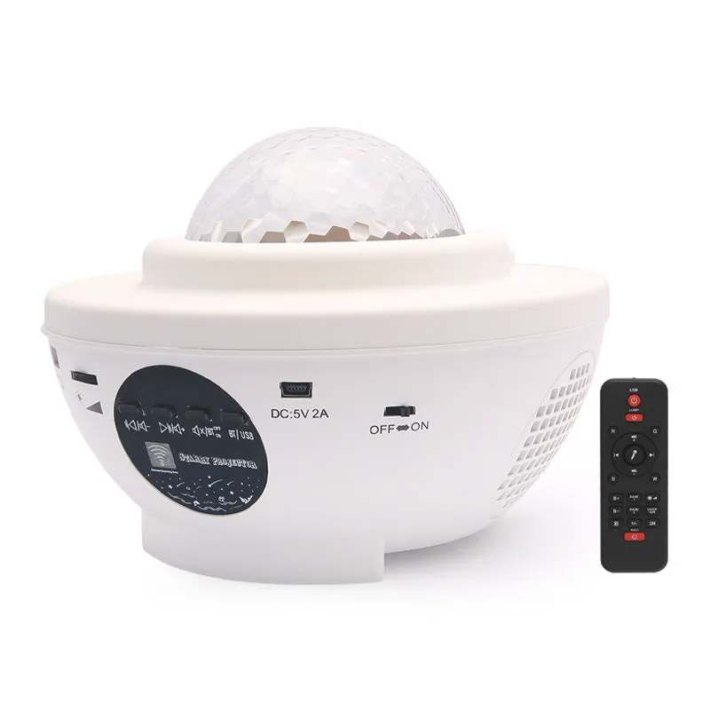 LED Bluetooth music projector light with starry sky effect, green laser, remote control, and USB cable