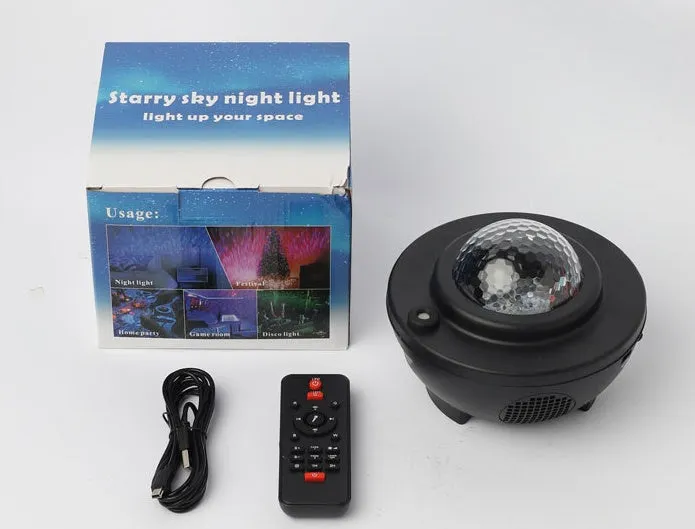 LED Bluetooth music projector light with starry sky effect, green laser, remote control, and USB cable