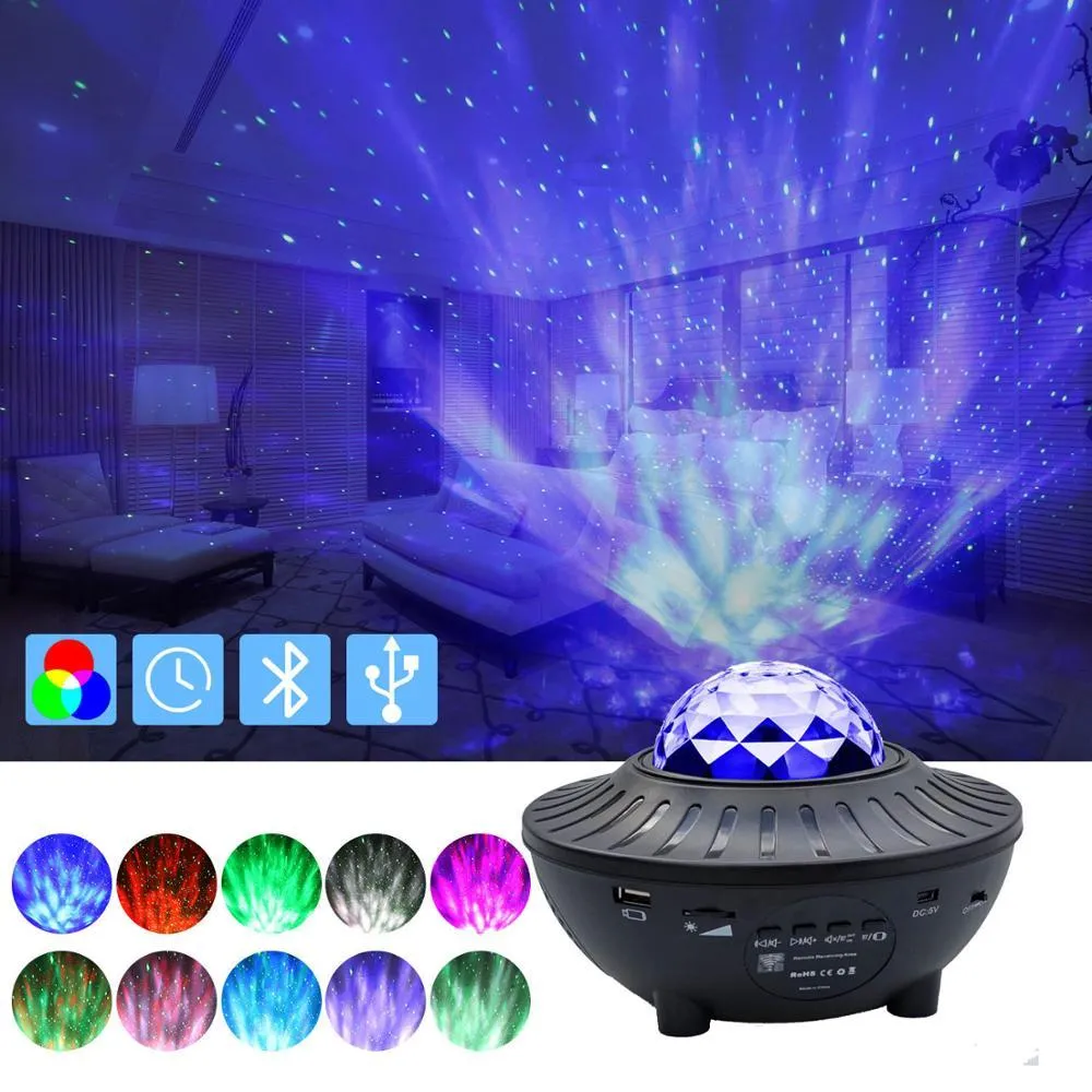LED Bluetooth music projector light with starry sky effect, green laser, remote control, and USB cable