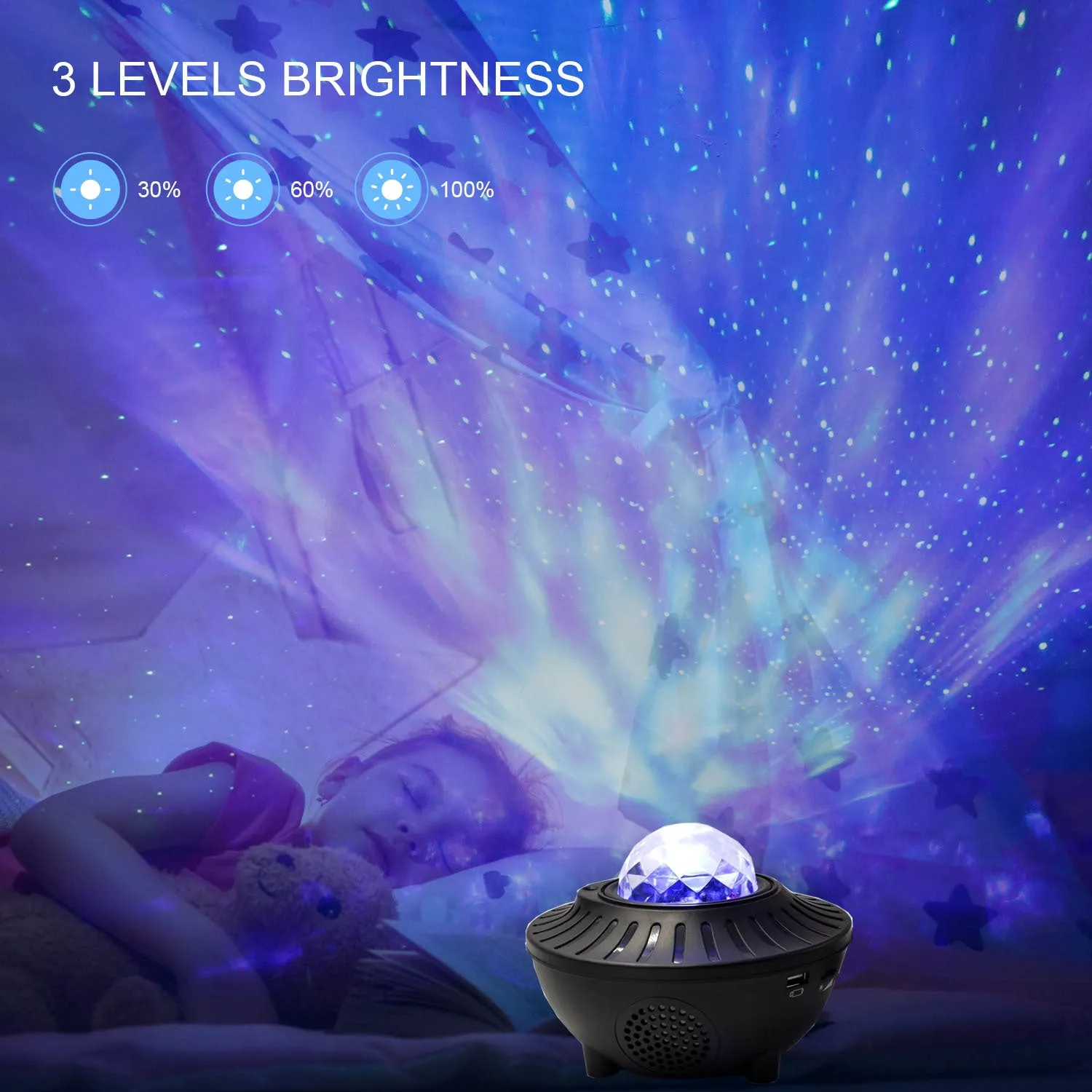 LED Bluetooth music projector light with starry sky effect, green laser, remote control, and USB cable