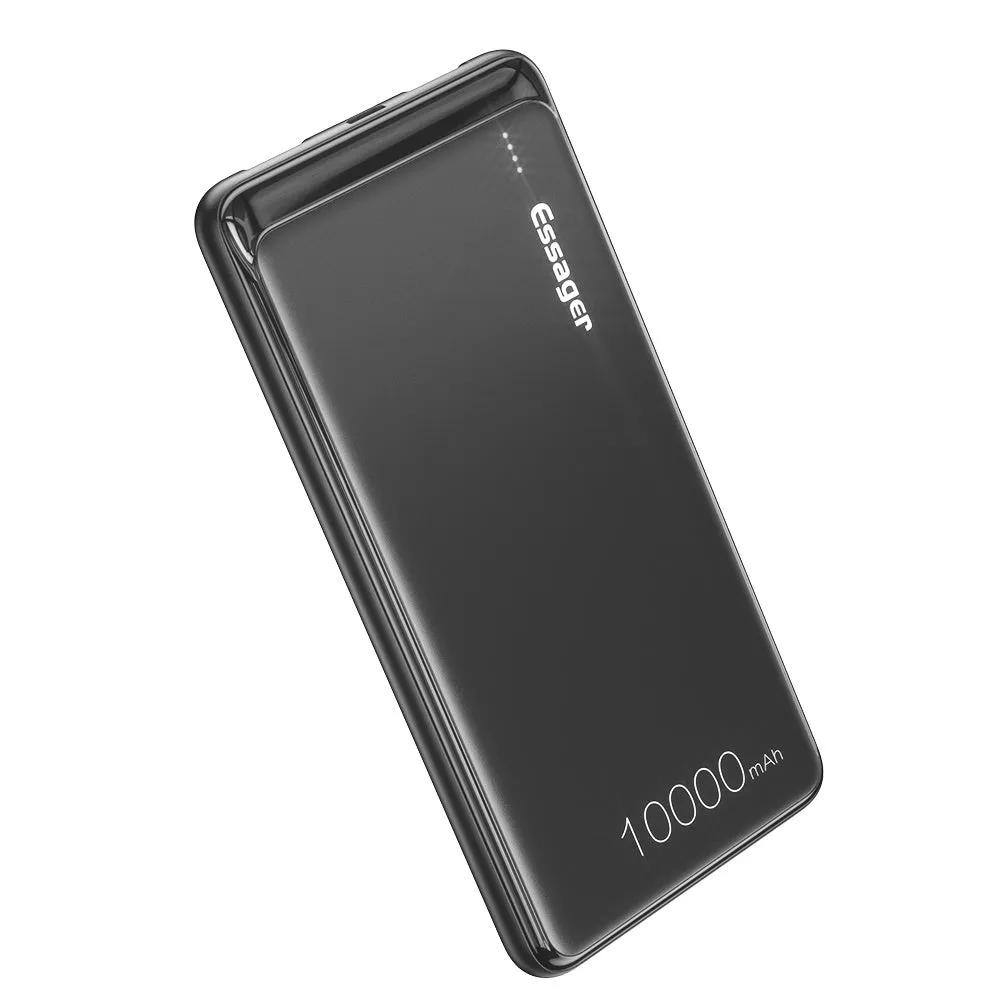 Essager black or white 10000mAh power bank showing dual USB ports and LED indicators