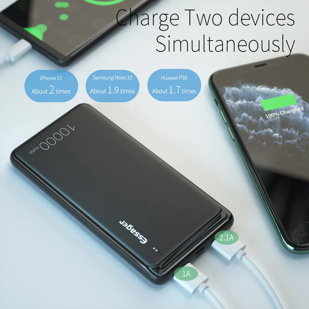Essager black or white 10000mAh power bank showing dual USB ports and LED indicators