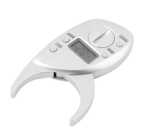 Digital body fat caliper with LCD display and anti-slip handle on white background