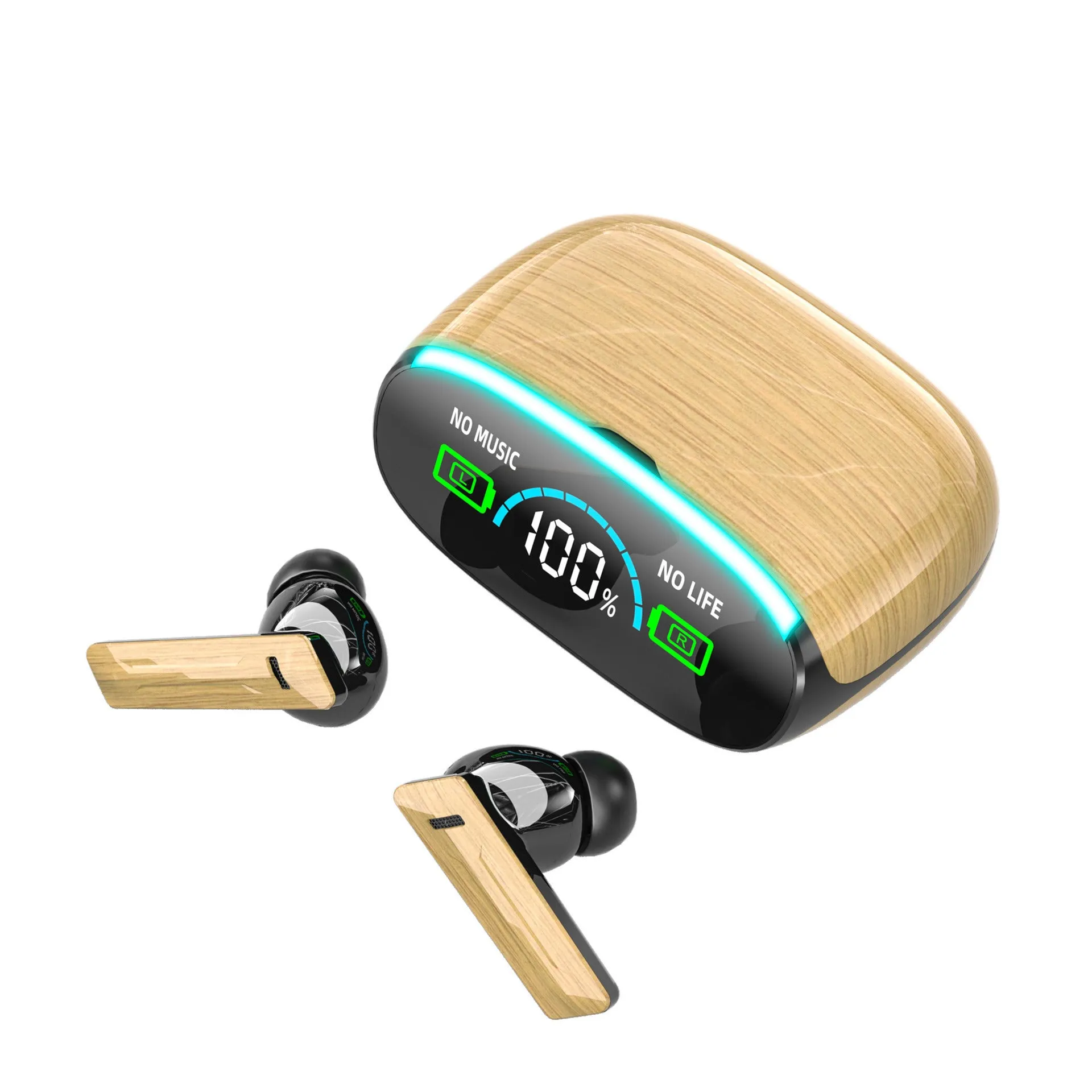 Wireless sports in-ear Bluetooth headphones with wood grain finish and Type-C charging