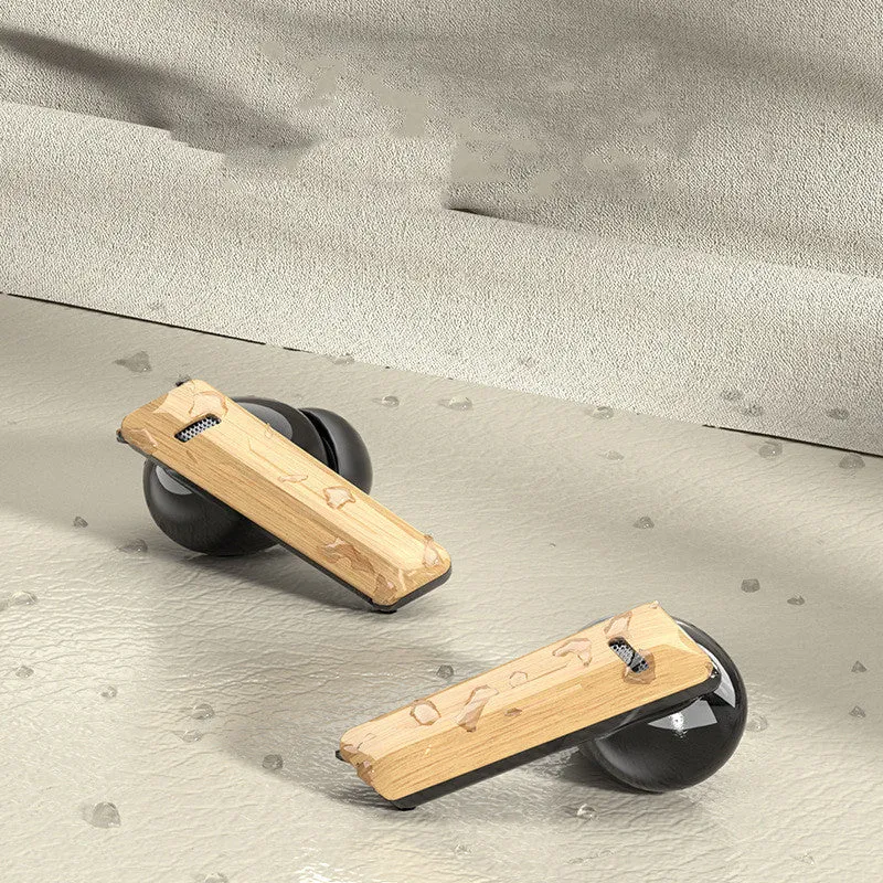 Wireless sports in-ear Bluetooth headphones with wood grain finish and Type-C charging