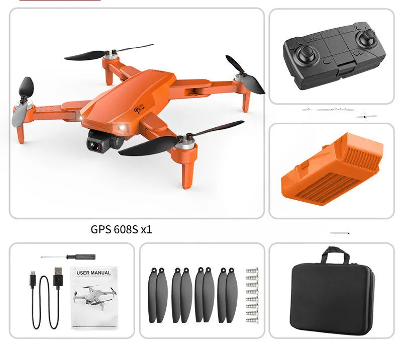 S608 PRO quadcopter in orange with dual cameras, foldable propellers, and GPS module on black background