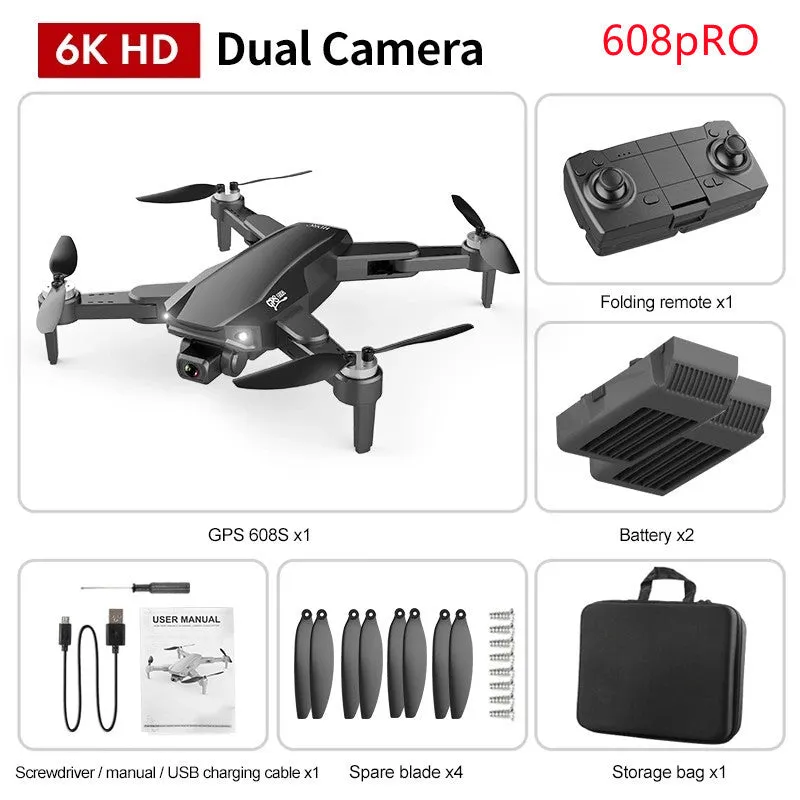 S608 PRO quadcopter in orange with dual cameras, foldable propellers, and GPS module on black background