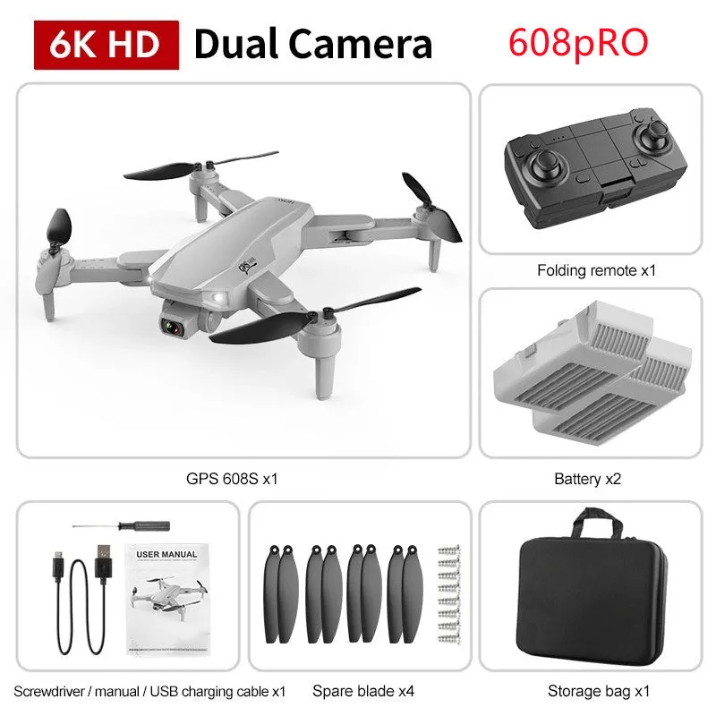 S608 PRO quadcopter in orange with dual cameras, foldable propellers, and GPS module on black background