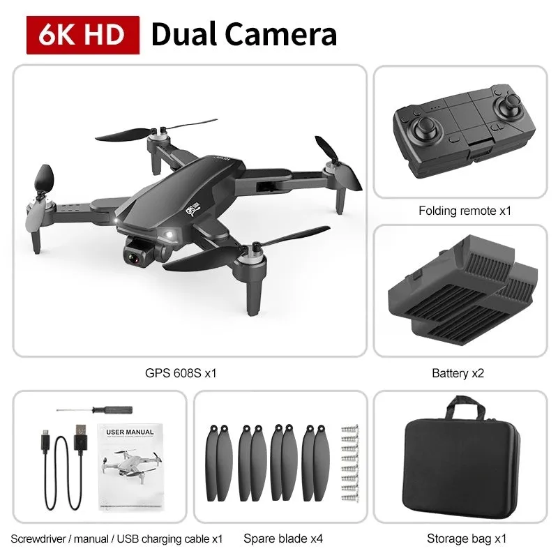 S608 PRO quadcopter in orange with dual cameras, foldable propellers, and GPS module on black background