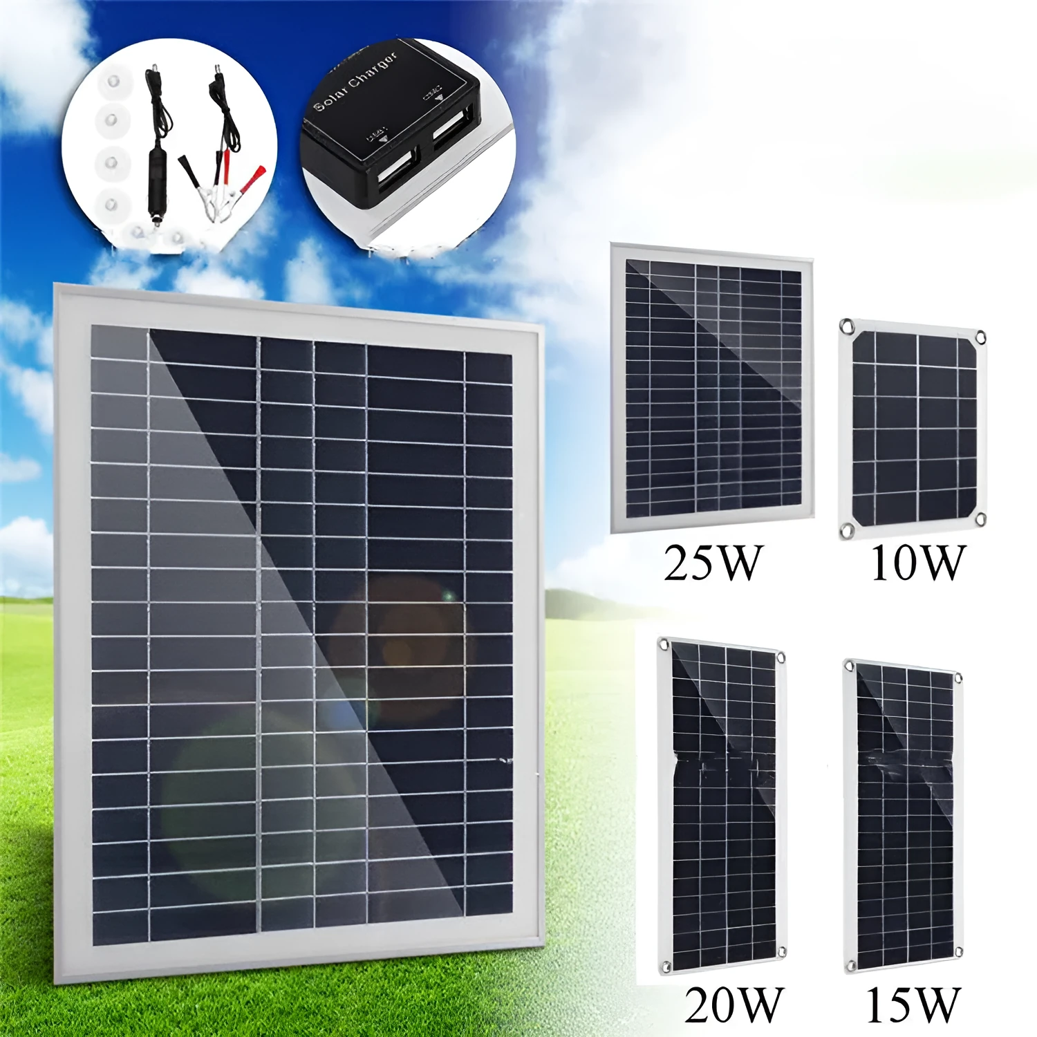 Polysilicon solar panel with dual USB ports for outdoor charging of mobile phones and tablets