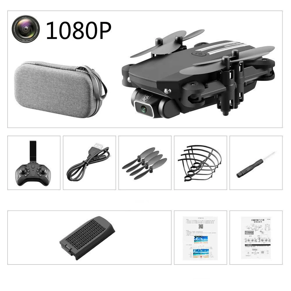 Mini folding aerial drone with 4K camera, open on a flat surface, showing foldable arms and LED lights