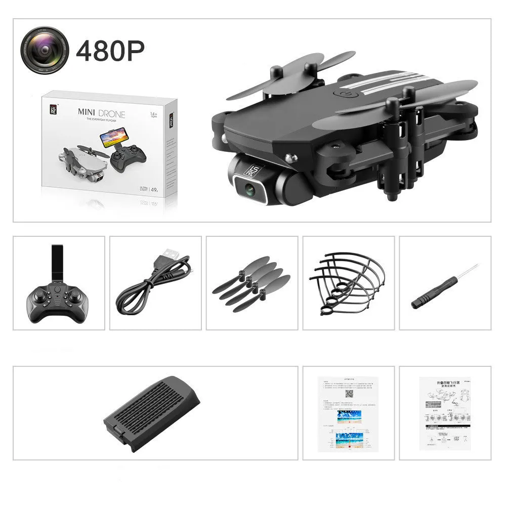 Mini folding aerial drone with 4K camera, open on a flat surface, showing foldable arms and LED lights