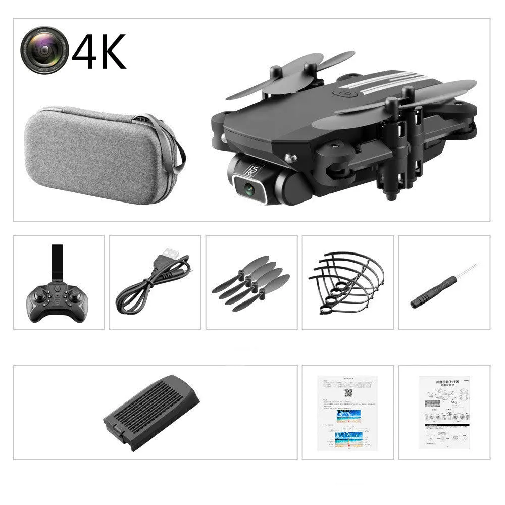 Mini folding aerial drone with 4K camera, open on a flat surface, showing foldable arms and LED lights