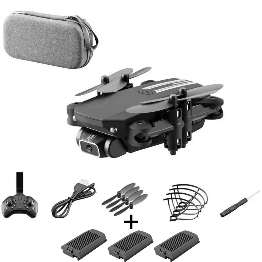 Mini folding aerial drone with 4K camera, open on a flat surface, showing foldable arms and LED lights