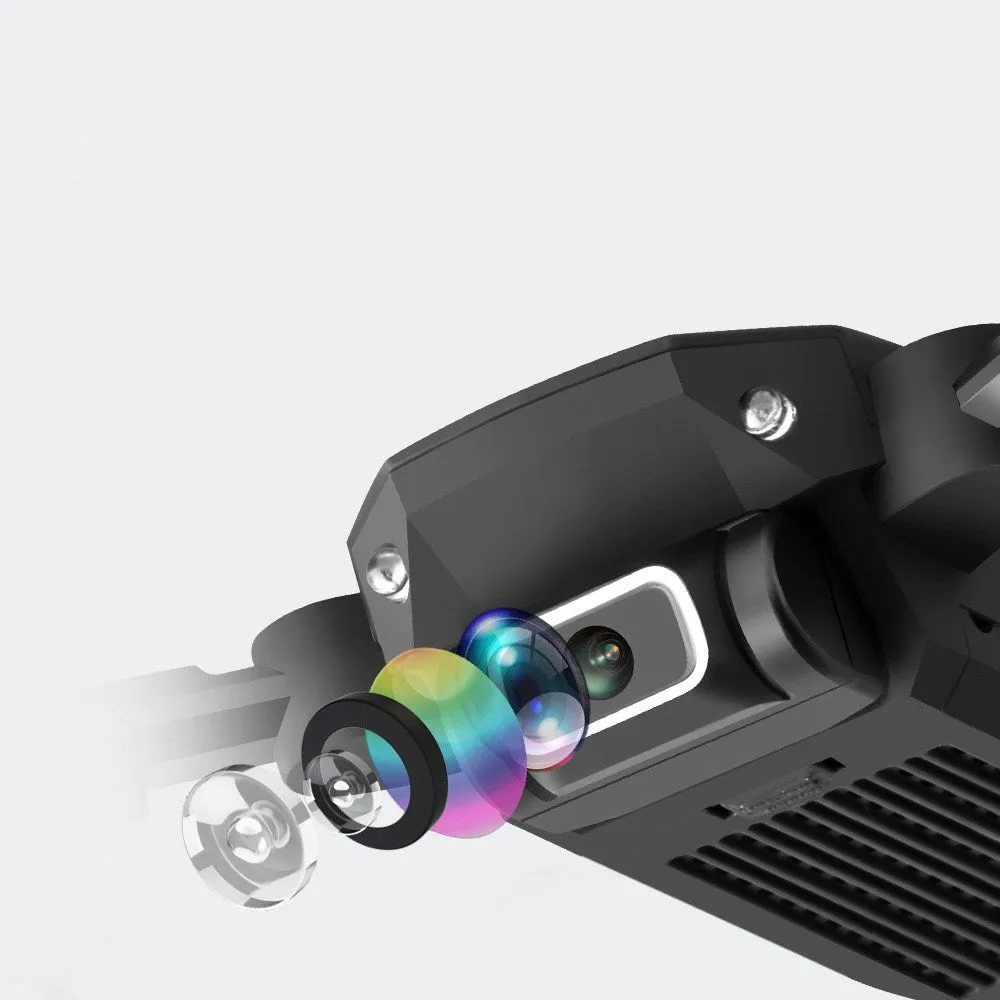 Mini folding aerial drone with 4K camera, open on a flat surface, showing foldable arms and LED lights
