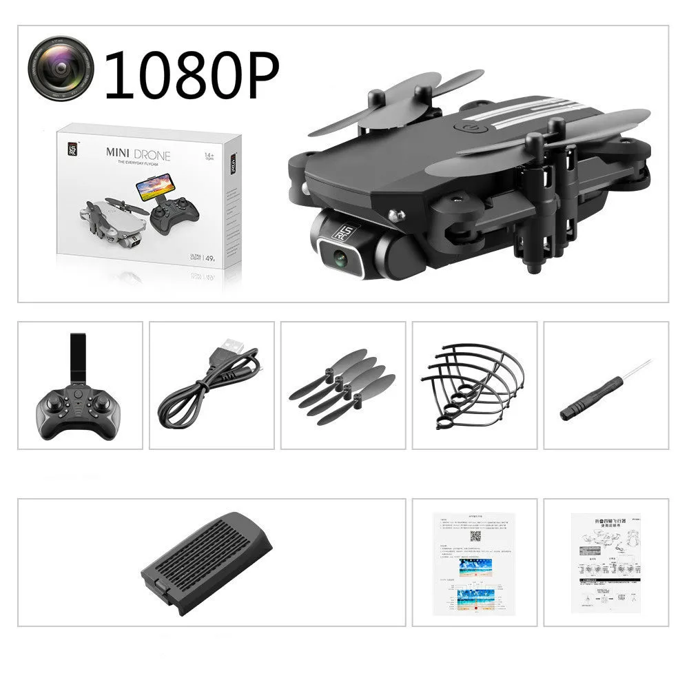 Mini folding aerial drone with 4K camera, open on a flat surface, showing foldable arms and LED lights