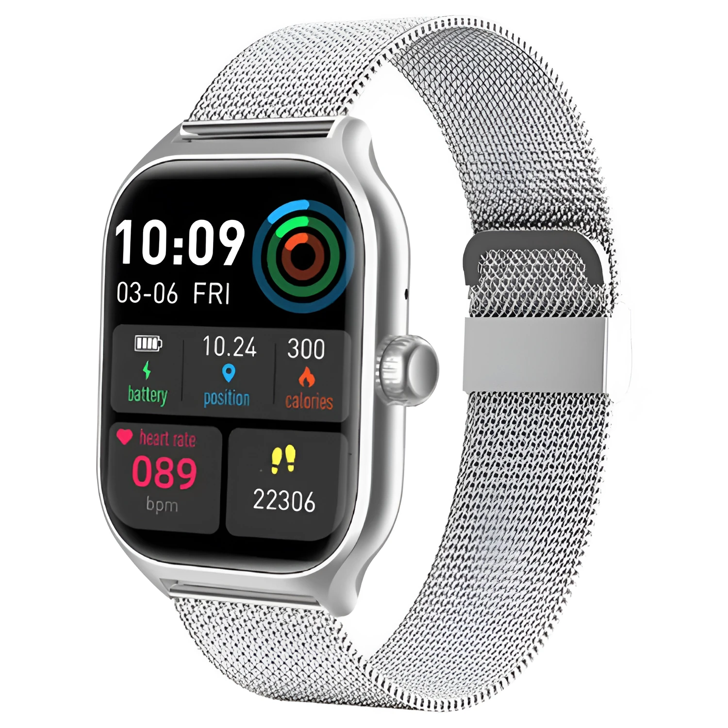 Bluetooth smart watch with touch screen displaying health metrics and call functions with silicone strap