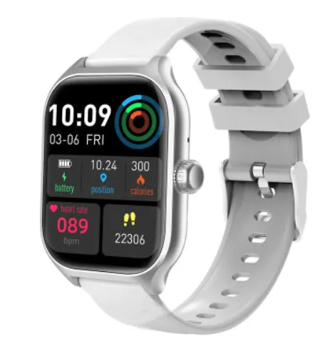 Bluetooth smart watch with touch screen displaying health metrics and call functions with silicone strap