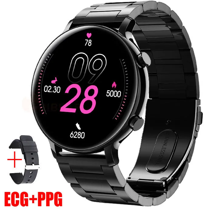 Black Bluetooth smartwatch with stainless steel strap on a wrist, showing a heart rate reading on its circular screen.