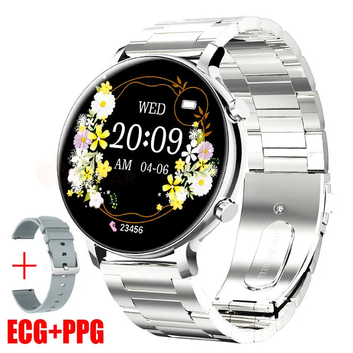 Black Bluetooth smartwatch with stainless steel strap on a wrist, showing a heart rate reading on its circular screen.