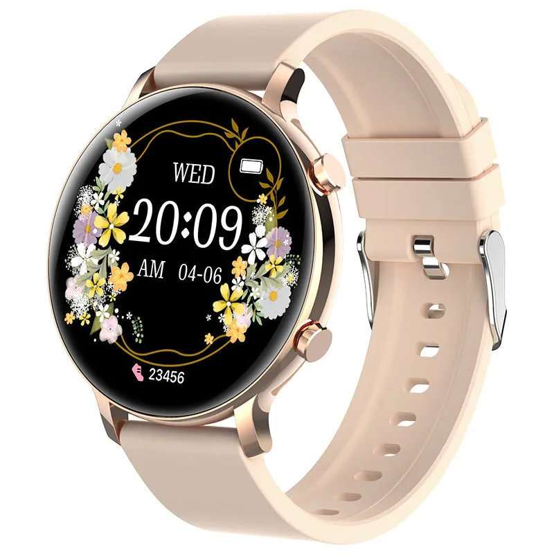 Black Bluetooth smartwatch with stainless steel strap on a wrist, showing a heart rate reading on its circular screen.