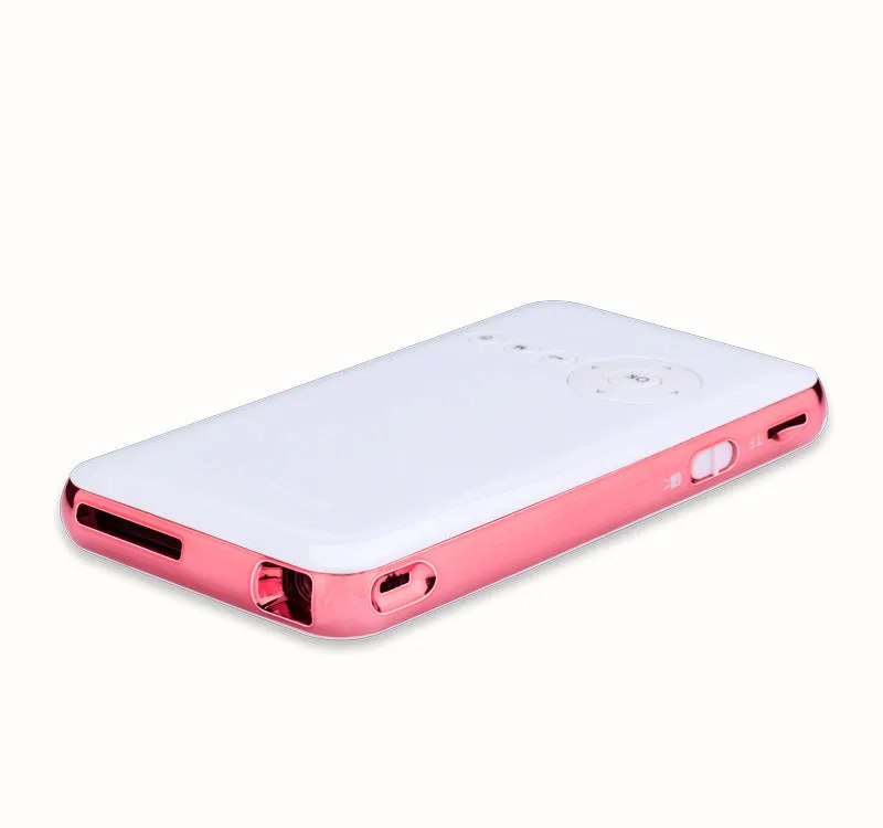 White and rose gold M6S miniature portable Android DLP smart projector on a table.
