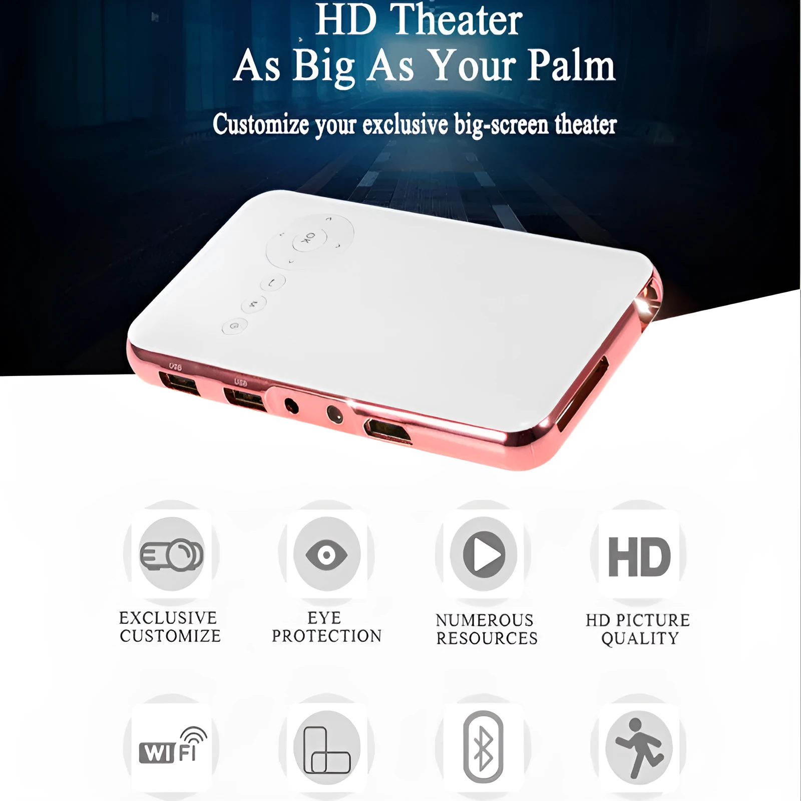 White and rose gold M6S miniature portable Android DLP smart projector on a table.