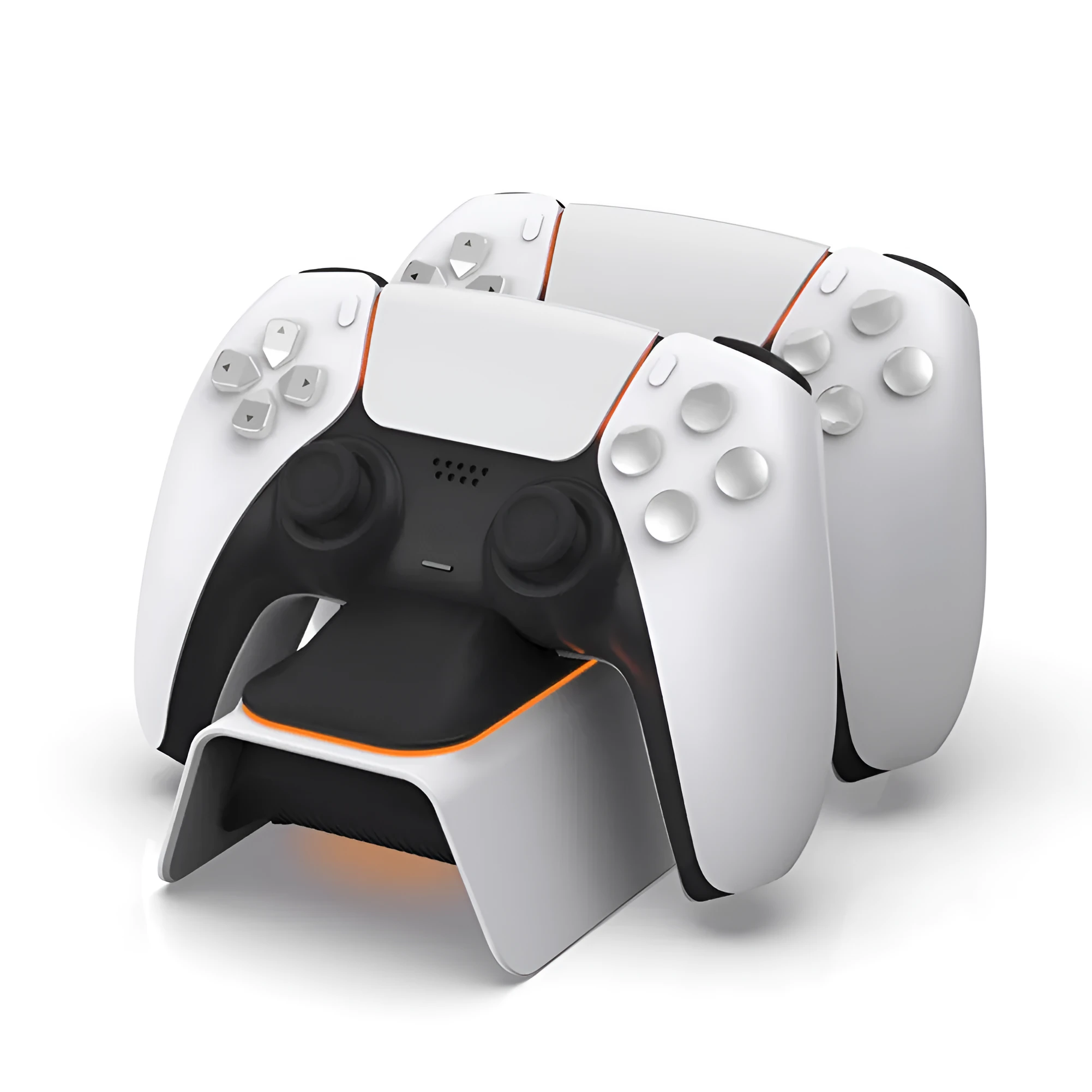 White PS5 dual controller charger with LED indicators and two gamepads docked on a wooden desk