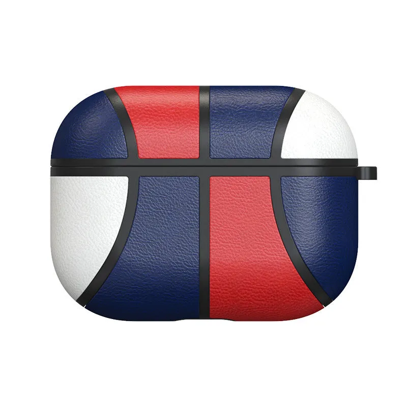 Basketball headphone case with handmade leather-style veneer finish and TPU flip cover for Apple AirPods Pro, showing nine colour style options