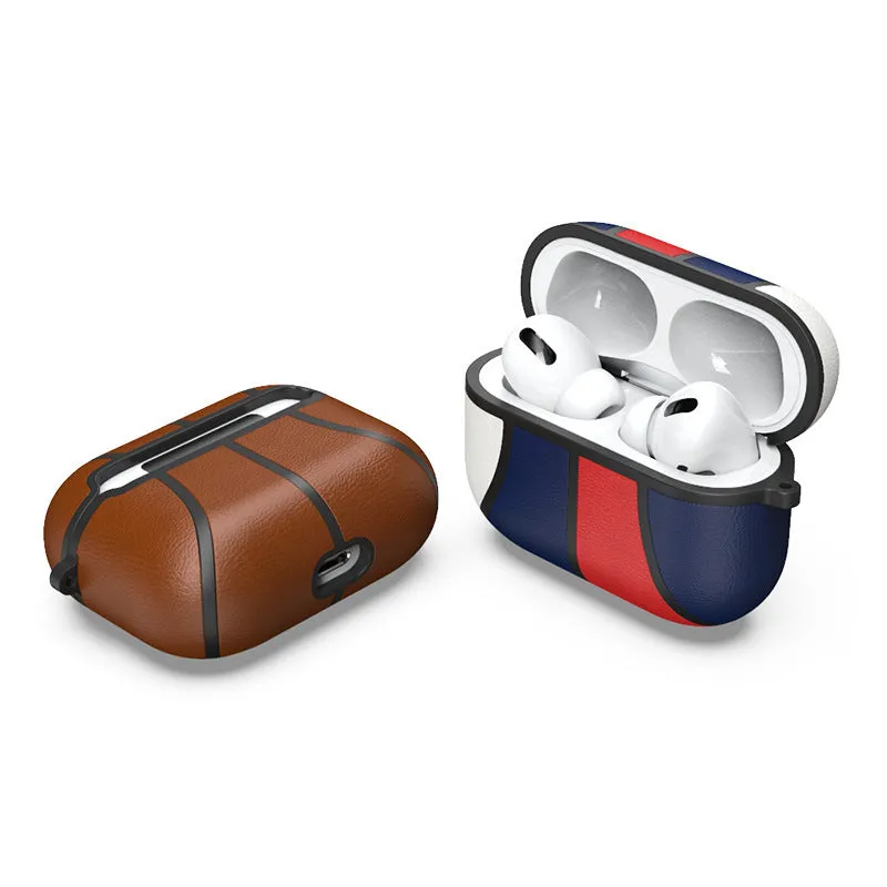 Basketball headphone case with handmade leather-style veneer finish and TPU flip cover for Apple AirPods Pro, showing nine colour style options