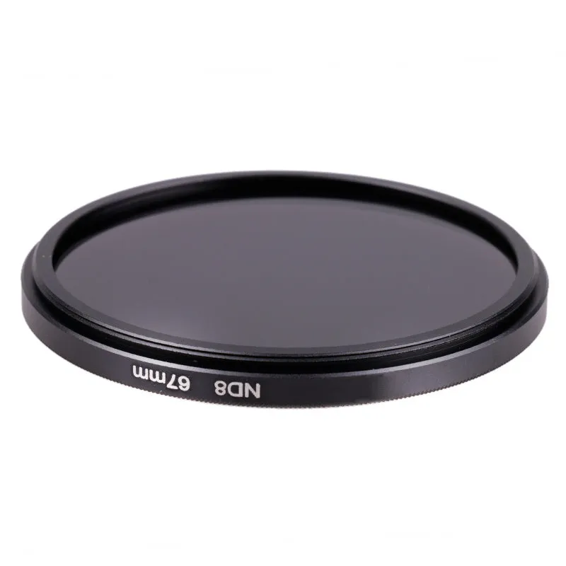 Redcircle ND8 neutral density camera filter with silver aviation aluminium frame on a camera lens.