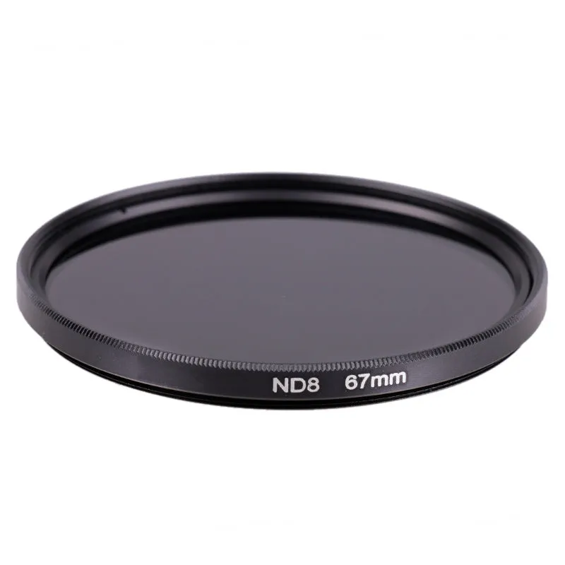 Redcircle ND8 neutral density camera filter with silver aviation aluminium frame on a camera lens.
