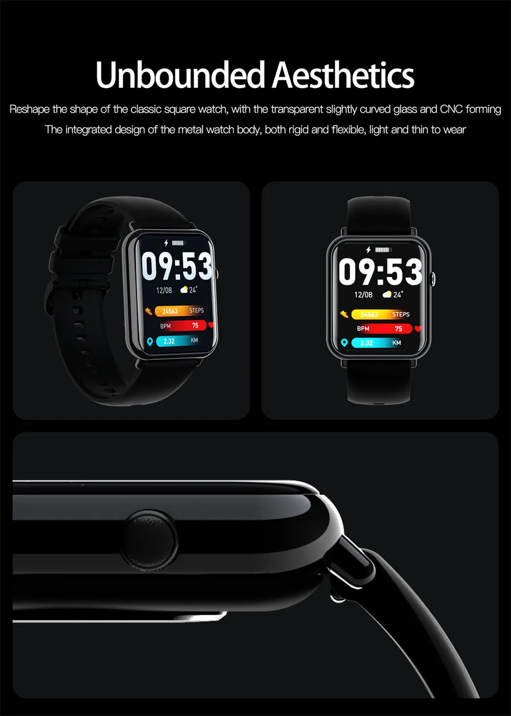 Smart waterproof watch with 1.69inch TFT screen and composite silica gel strap in Black