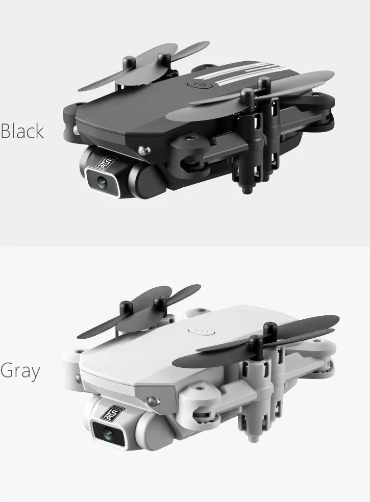 LS Mini foldable drone with 4K camera in black and grey, unfolded on a flat surface