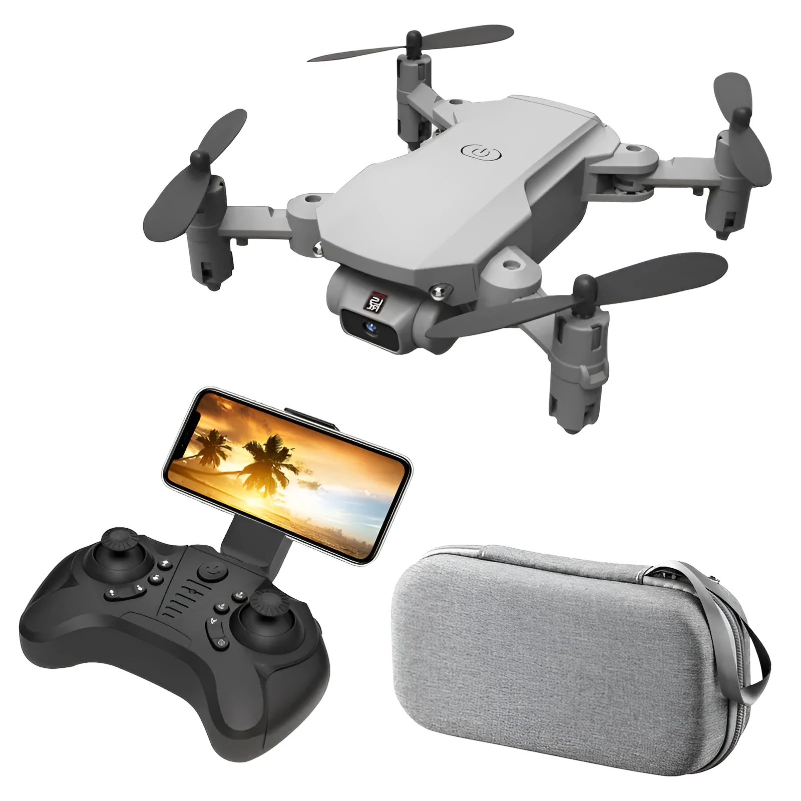 LS Mini foldable drone with 4K camera in black and grey, unfolded on a flat surface