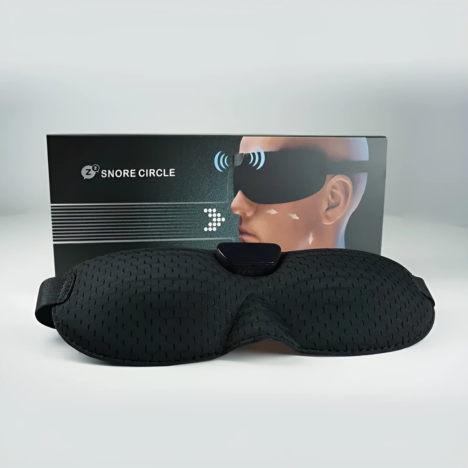 Flying Snoring Companion USB snoring device and eye mask in black, compact 235mm size