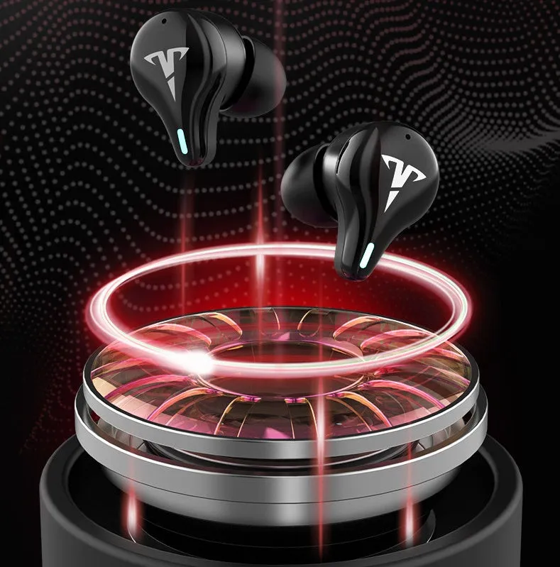 Wireless mini in-ear noise reduction sports stereo gaming headset in black with Bluetooth 5.0 and battery display