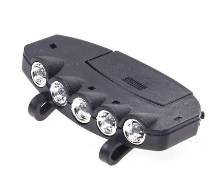 Black fishing headlight clip cap lamp with 5 high brightness LEDs on a cap visor