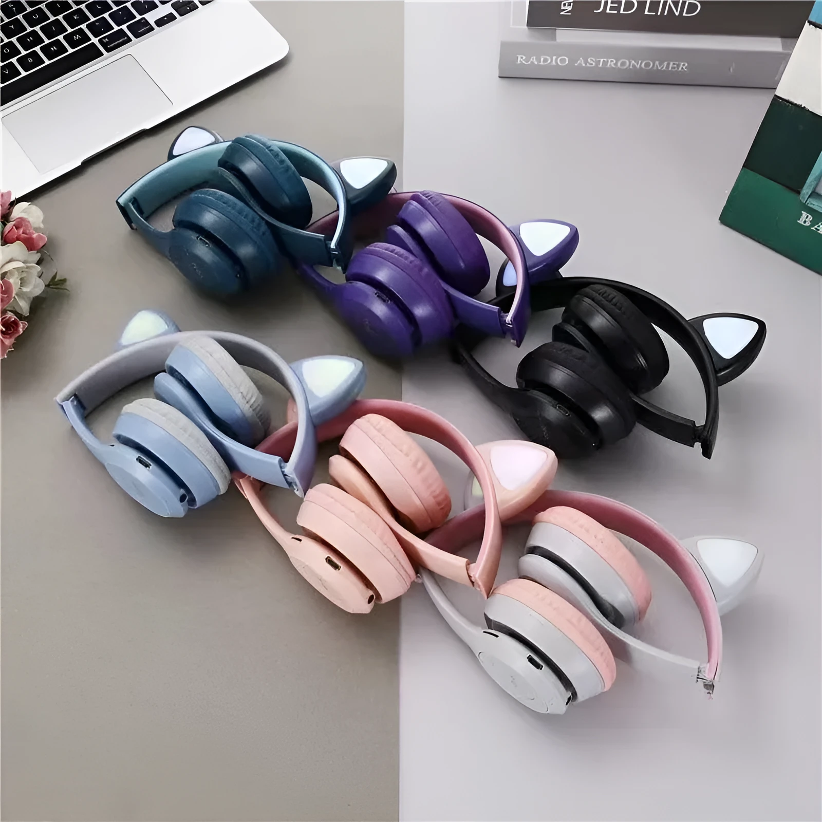 P47m cat ear Bluetooth headset in grey with Bluetooth 5.0 and power display