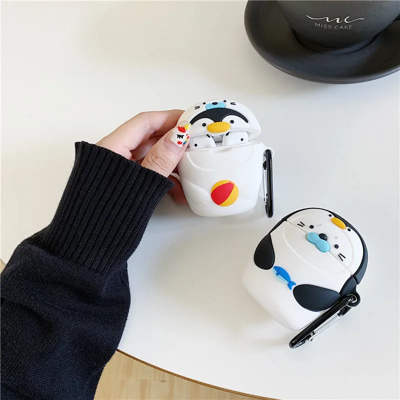 Silicone protective case for AirPods 1 2 generation with cartoon penguin design and hook