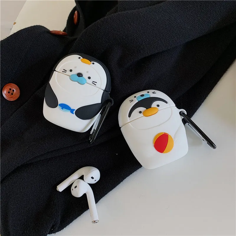 Silicone protective case for AirPods 1 2 generation with cartoon penguin design and hook