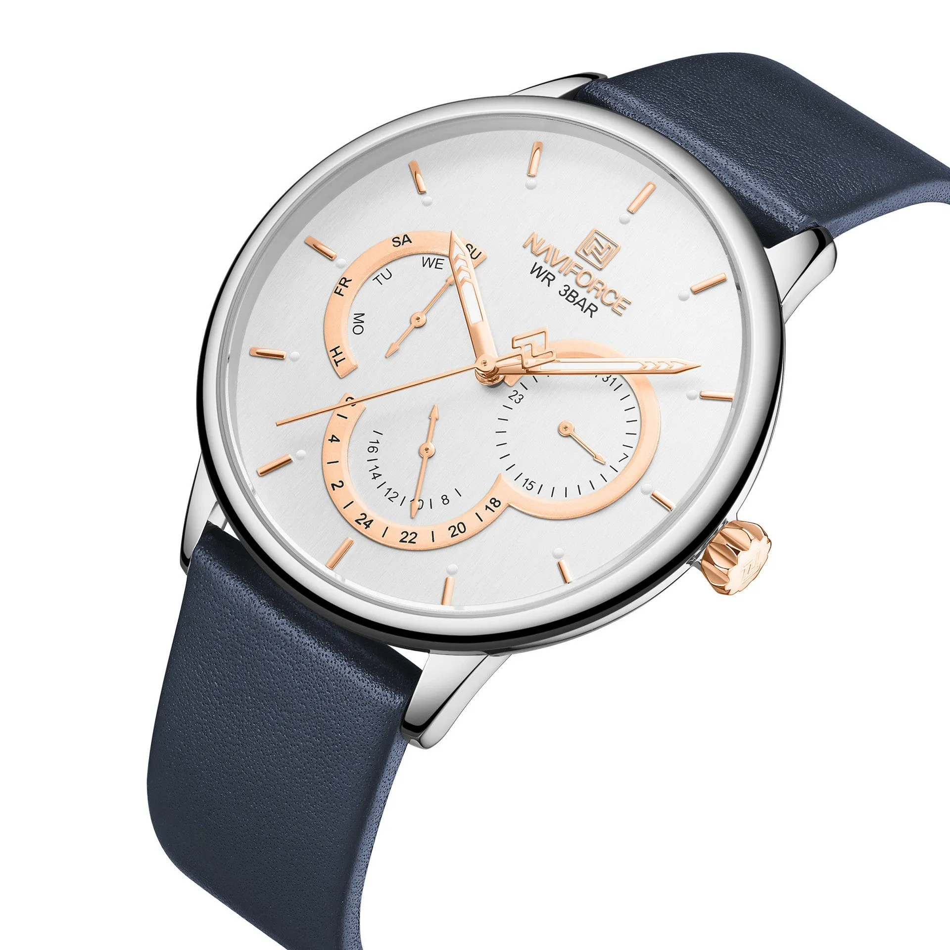 Men's waterproof quartz belt watch with multi-function calendar and 24-hour indication, black dial