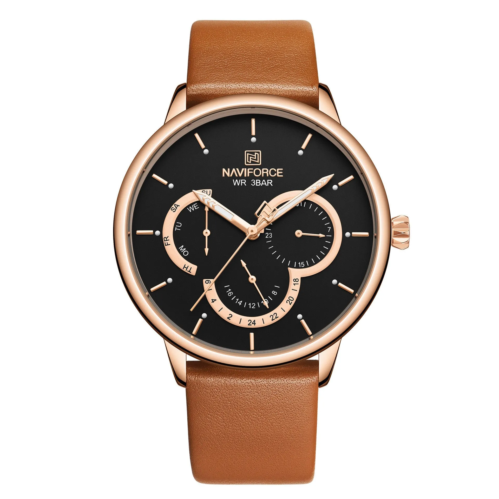 Men's waterproof quartz belt watch with multi-function calendar and 24-hour indication, black dial