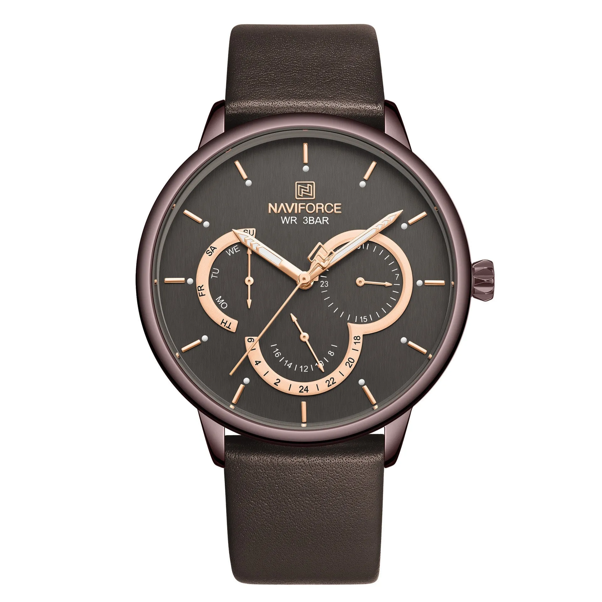 Men's waterproof quartz belt watch with multi-function calendar and 24-hour indication, black dial