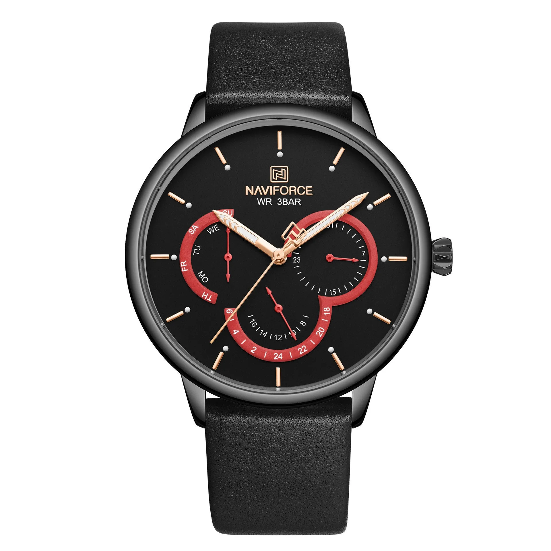 Men's waterproof quartz belt watch with multi-function calendar and 24-hour indication, black dial