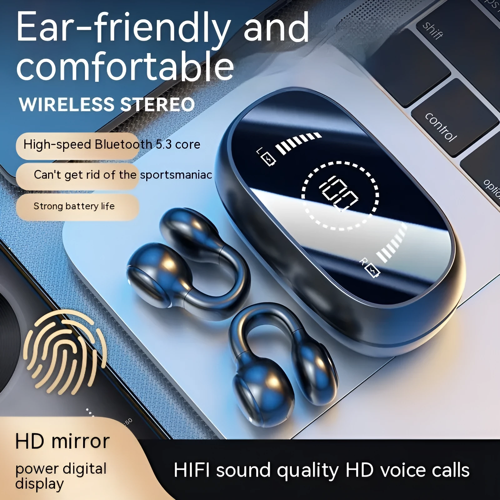 M47 Bluetooth wireless sports headset in black with clip-on design and digital display screen