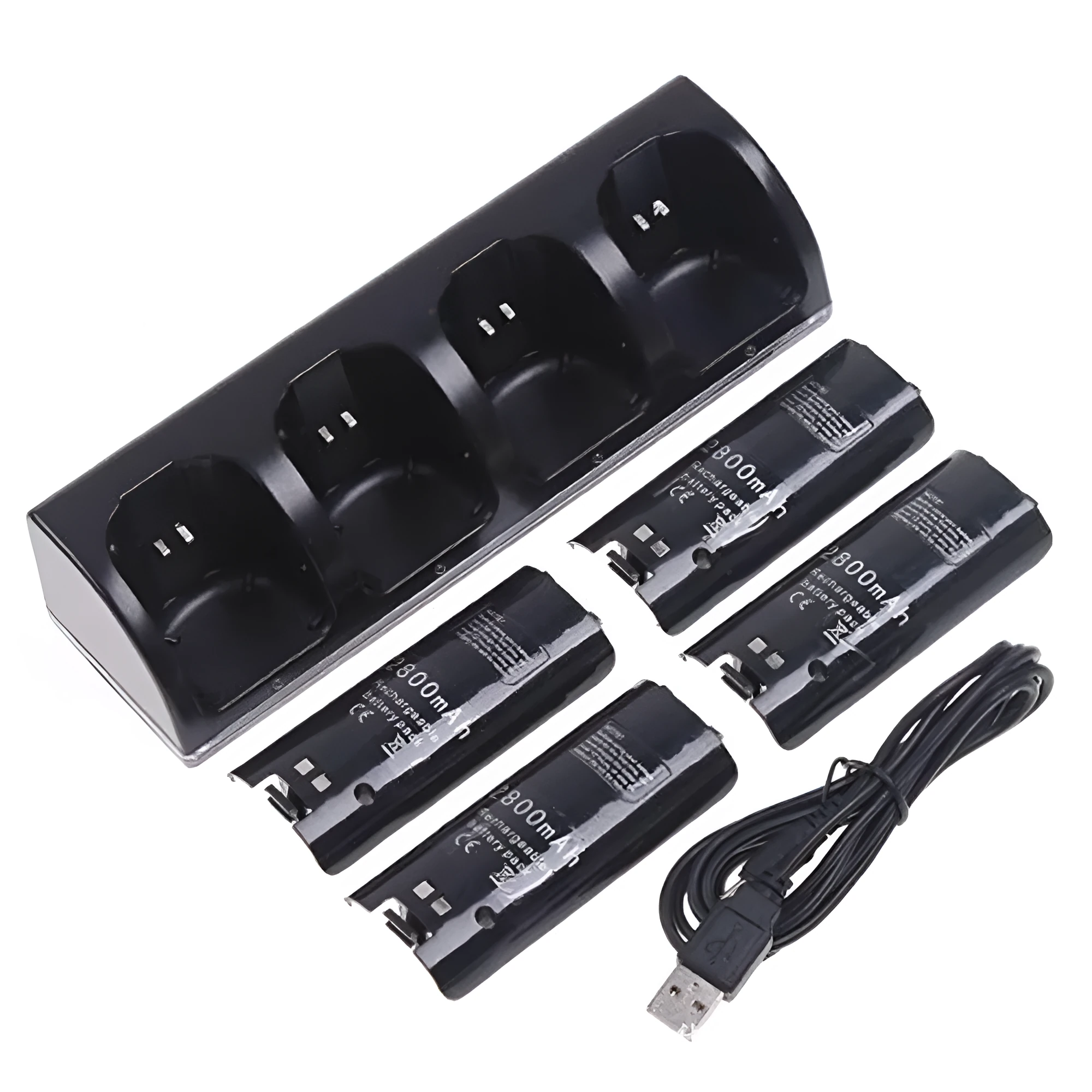 Wii charger set with four rechargeable batteries and USB cable, black model