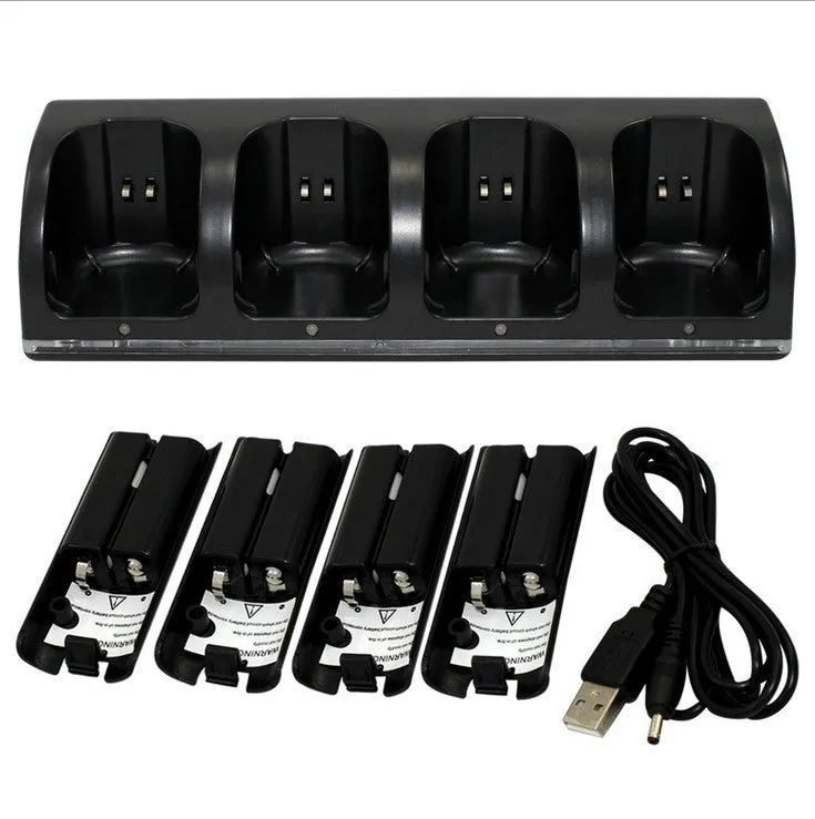 Wii charger set with four rechargeable batteries and USB cable, black model