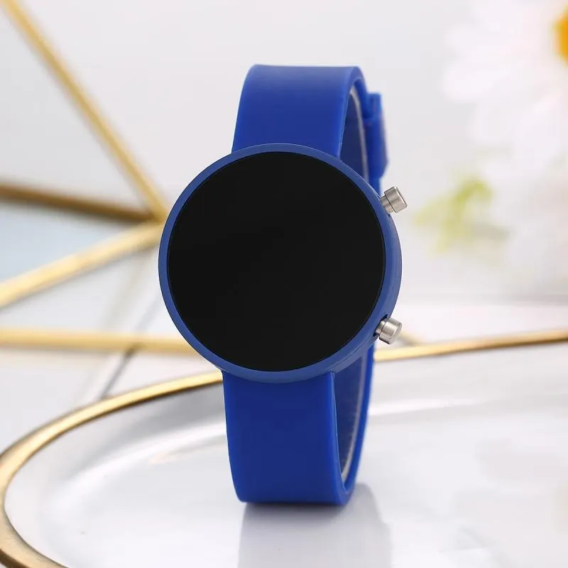 Round LED digital watch with square dial and alloy strap on wrist, showing calendar display